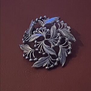 Vintage 1960s Silver Plate Brooch: Ornate Foliate Berry Leaf Design